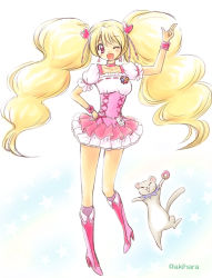 Rule 34 | 00s, 1girl, akihara ryou, animal, artist name, blonde hair, blush, boots, bow, cure peach, doughnut, dress, english text, eyelashes, ferret, food, fresh precure!, hair ornament, happy, heart, heart hair ornament, high heels, knee boots, kneehighs, long hair, looking at viewer, magical girl, mascot, momozono love, one eye closed, open mouth, pink bow, pink dress, pink eyes, pink footwear, pink socks, precure, smile, socks, solo, standing, tart (fresh precure!), twintails, wink, wrist cuffs