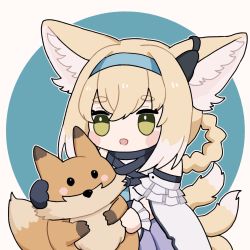 Rule 34 | 1girl, :d, animal ear fluff, animal ears, arknights, bare shoulders, black gloves, blue background, blue hairband, blush stickers, braid, braided hair rings, brown background, chibi, commentary request, fox ears, fox girl, fox tail, gloves, green eyes, hair between eyes, hair rings, hairband, highres, holding, holding stuffed toy, kitsune, light brown hair, multicolored hair, open mouth, pleated skirt, purple skirt, shirt, short eyebrows, single glove, single wrist cuff, skirt, smile, solo, someyaya, stuffed fox, stuffed toy, suzuran (arknights), tail, thick eyebrows, two-tone background, two-tone hair, white hair, white shirt, wrist cuffs