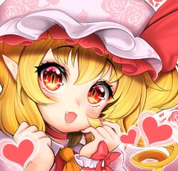 Rule 34 | 1girl, alice vu, ascot, blonde hair, bow, close-up, fang, fingernails, flandre scarlet, floral print, floral print headwear, hair between eyes, happy, heart, looking at viewer, nail polish, one side up, open mouth, pointy ears, print shirt, puffy short sleeves, puffy sleeves, red bow, red eyes, red nails, red vest, rose print, sharp fingernails, shirt, short sleeves, solo, touhou, vest, white headwear, wrist cuffs, yellow ascot