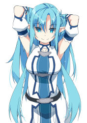 Rule 34 | 1girl, armpits, arms up, asuna (sao), belt, black belt, breasts, cowboy shot, detached sleeves, dress, elf, fairy (sao), green eyes, green hair, hands in own hair, highres, jacket, large breasts, long hair, pointy ears, shikei, simple background, smile, solo, sword art online, very long hair, white background, white dress, white jacket