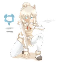 Rule 34 | 10s, 1girl, alpaca ears, alpaca suri (kemono friends), alpaca tail, animal ears, arm support, blonde hair, blue eyes, breath, cellien (kemono friends), commentary request, floating, full body, fur-trimmed footwear, fur-trimmed sleeves, fur scarf, fur trim, hair between eyes, hand up, highres, hole, horizontal pupils, kemono friends, long sleeves, looking at viewer, medium hair, neck ribbon, on one knee, open mouth, outstretched arm, pantyhose, pantyhose under shorts, ribbon, scarf, shirt, shoes, shorts, simple background, solo focus, spread legs, sweater vest, tail, thin (suzuneya), v-shaped eyebrows, white background, white pantyhose, white shirt