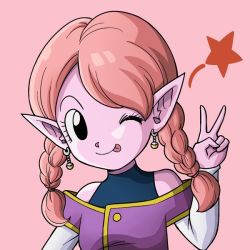 Rule 34 | 10s, 1girl, :p, braid, breasts, chronoa, colored skin, double v, dragon ball, dragon ball heroes, dragon ball xenoverse, happy, jewelry, karoine, long hair, looking at viewer, one eye closed, pink skin, pointy ears, short hair, simple background, sitting, small breasts, smile, solo, supreme kai of time, sweat, teeth, tongue, tongue out, twintails, upper body, v, wink