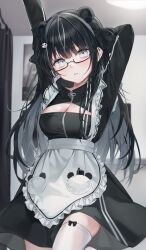 Rule 34 | 1girl, absurdres, animal ears, apron, bear ears, bear girl, black dress, black hair, cleavage cutout, clothing cutout, colored inner hair, dress, glasses, grey eyes, grey hair, highres, knowa, looking at viewer, mole, mole under mouth, multicolored hair, original, solo, thighhighs, white apron, white thighhighs