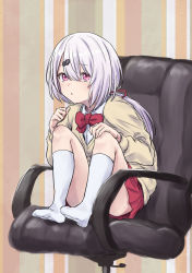 Rule 34 | 1girl, absurdres, bow, brown cardigan, cardigan, chair, closed mouth, full body, g9 (jiiku), hair between eyes, hair ornament, hair ribbon, hairclip, highres, kneehighs, knees up, long hair, long sleeves, low ponytail, nijisanji, no shoes, office chair, on chair, pleated skirt, ponytail, red bow, red eyes, red ribbon, red skirt, ribbon, shiina yuika, shiina yuika (1st costume), silver hair, sitting, skirt, socks, solo, striped, striped background, swivel chair, vertical stripes, very long hair, virtual youtuber, white socks
