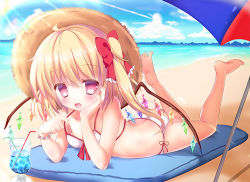 Rule 34 | 1girl, ass, beach, bikini, blonde hair, blue sky, bow, butt crack, cloud, day, drink, drinking straw, flandre scarlet, gradient background, hair bow, halterneck, hat, lake, legs up, lowres, lying, md5 mismatch, nipple slip, nipples, on stomach, open mouth, outdoors, parasol, pink eyes, resolution mismatch, rika-tan (rikatantan), side ponytail, sky, smile, solo, source larger, straw hat, string bikini, swimsuit, touhou, umbrella, white bikini, wings