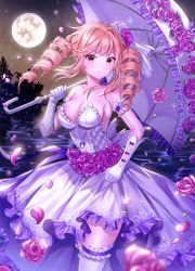 Rule 34 | 1girl, aisha (king&#039;s raid), arm garter, bare shoulders, blonde hair, breasts, bride, chang (user rpea4874), cleavage, closed mouth, collarbone, commentary, cowboy shot, dress, drill hair, flower, frilled dress, frills, frown, full moon, gloves, hair flower, hair intakes, hair ornament, highres, holding, holding umbrella, king&#039;s raid, large breasts, long hair, looking at viewer, moon, night, night sky, outdoors, petals, pink flower, purple flower, red eyes, rose, sidelocks, sky, solo, sparkle, standing, star (sky), starry sky, strapless, strapless dress, thighhighs, tree, twin drills, twintails, umbrella, v-shaped eyebrows, water, wedding dress, white dress, white gloves, white thighhighs, zettai ryouiki