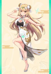 Rule 34 | &gt;:), 1girl, absurdres, alternate costume, armpits, arms up, bare legs, bare shoulders, blonde hair, bracelet, breasts, bun cover, china dress, chinese clothes, cleavage, cleavage cutout, clothing cutout, collarbone, dress, egasumi, gem, highres, jewelry, kiiro kimi, large breasts, leg up, long hair, mythra (xenoblade), nintendo, pelvic curtain, pillarboxed, sleeveless, sleeveless dress, smile, smug, solo, standing, standing on one leg, swept bangs, tiara, v-shaped eyebrows, very long hair, white footwear, xenoblade chronicles (series), xenoblade chronicles 2, yellow eyes