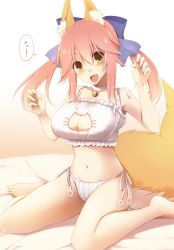 Rule 34 | 10s, 1girl, :d, animal ears, bell, neck bell, blush, bow, breasts, cat lingerie, choker, cleavage, cleavage cutout, clothing cutout, fang, fate/extra, fate (series), fox ears, fox tail, hair bow, hair ribbon, jingle bell, kurikara, large breasts, looking at viewer, meme attire, navel, on bed, open mouth, panties, paw pose, pink hair, ribbon, side-tie panties, sitting, smile, solo, tail, tamamo (fate), tamamo no mae (fate/extra), twintails, underwear, wariza, white panties, yellow eyes
