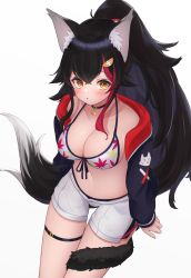 Rule 34 | 1girl, absurdres, animal ears, bikini, bikini top only, bikini under clothes, black hair, blush, breasts, choker, cleavage, hair ornament, hairclip, higashigure, highres, hololive, hood, hoodie, large breasts, long hair, looking at viewer, medium breasts, ookami mio, ookami mio (hololive summer 2019), ponytail, shorts, simple background, solo, swimsuit, tail, tail wrap, virtual youtuber, wolf ears, wolf tail, yellow eyes