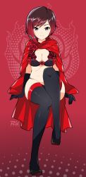 Rule 34 | 1girl, breasts, cape, cleavage, gloves, grey eyes, high heels, highres, large breasts, lingerie, r3dfive, ruby rose, rwby, short hair, solo, thighhighs, thighs, underwear, underwear only