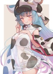 Rule 34 | 1girl, animal ears, animal print, blue hair, blush, breasts, catura (granblue fantasy), cleavage, cow ears, cow hat, cow print, cow print sleeves, cow tail, cowboy shot, detached sleeves, eip (pepai), from side, gradient hair, granblue fantasy, grin, hand on own chest, highres, holding, holding own hair, hood, large breasts, light blue hair, long hair, looking at viewer, midriff, multicolored hair, navel, orange eyes, purple background, purple hair, see-through, short shorts, shorts, simple background, smile, solo, tail, thighs, two-tone hair, white background, white shorts, wide sleeves