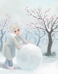 Rule 34 | 1girl, blonde hair, blue eyes, coat, female focus, lowres, nature, original, outdoors, plant, sky, snow, snowball, solo, weno, weno&#039;s blonde original character, winter