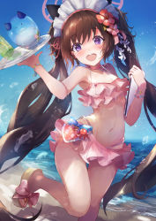 Rule 34 | 1girl, absurdres, animal ears, beach, bikini, blue archive, blush, bow, brown hair, cat ears, choker, commentary request, cup, flower, flower on head, frilled bikini, frilled hairband, frills, hair flower, hair ornament, hairband, halo, heart, hibiscus, highres, holding, holding tray, long hair, looking at viewer, open mouth, pink choker, platform footwear, purple eyes, red flower, sandals, shizuko (blue archive), shizuko (swimsuit) (blue archive), smile, solo, swimsuit, tray, trrcmb, very long hair, water, white flower