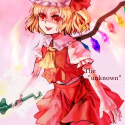 Rule 34 | 1girl, ascot, blonde hair, crystal, dress, evil smile, female focus, flandre scarlet, frilled sleeves, frills, hat, holding, holding weapon, mob cap, polearm, puffy short sleeves, puffy sleeves, red dress, red eyes, short hair, short sleeves, smile, solo, spear, touhou, weapon, wings, xero