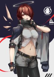 Rule 34 | 1girl, :d, absurdres, adapted costume, arknights, black gloves, black pantyhose, breasts, commentary, cowboy shot, crop top, exusiai (arknights), fingerless gloves, gloves, grey shorts, hair over one eye, halo, high collar, highres, kajuu, looking at viewer, midriff, navel, open mouth, pantyhose, pantyhose under shorts, penguin logistics logo, red eyes, red hair, rhodes island logo (arknights), short hair, short shorts, short sleeves, shorts, small breasts, smile, solo, standing, stomach