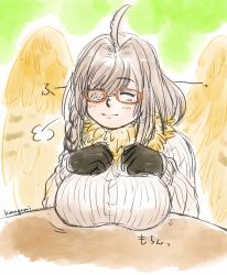 Rule 34 | 1girl, ahoge, animal hands, blush, breast rest, breasts, brown hair, commentary request, feathered wings, feathers, glasses, green background, hair intakes, hair over one eye, harpy, highres, kumagamike, large breasts, long hair, monster girl, neck fur, neck ruff, one eye covered, red-framed eyewear, smile, solo, tokyo houkago summoners, white feathers, wings, ziz (housamo)