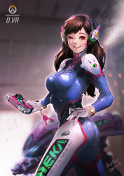 Rule 34 | 1girl, ;d, absurdres, acronym, arm cannon, armor, artist name, ass, badbear, bodysuit, boots, bracer, breasts, brown eyes, brown hair, character name, charm (object), clothes writing, copyright name, cowboy shot, d.va (overwatch), emblem, facepaint, facial mark, finger on trigger, from side, gatling gun, gloves, gun, hand on own hip, handgun, headphones, highres, holding, holding gun, holding weapon, large breasts, legs apart, lips, lipstick, logo, long hair, long sleeves, looking at viewer, makeup, mecha, meka (overwatch), one eye closed, open mouth, overwatch, overwatch 1, pauldrons, pilot suit, pink lips, ribbed bodysuit, robot, sang-hun in, shiny clothes, shoulder armor, shoulder pads, signature, skin tight, smile, solo, thigh boots, thigh strap, thighhighs, turtleneck, weapon, whisker markings, white gloves