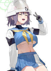 Rule 34 | 1girl, absurdres, blue archive, blue sailor collar, blue serafuku, blue skirt, breasts, bucket hat, closed eyes, clothes lift, combat helmet, commentary request, green halo, halo, hat, helmet, highres, long sleeves, navel, neckerchief, open mouth, paid reward available, purple hair, raglan sleeves, sailor collar, saki (blue archive), school uniform, serafuku, shirt lift, short hair, simple background, skirt, smile, solo, stahlhelm, subachi, underboob, v, white background, white headwear, white helmet, yellow neckerchief