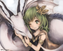 Rule 34 | 1girl, ;d, bandages, black dress, blush, bracelet, cape, commentary request, dragon, dress, earrings, closed eyes, final fantasy, final fantasy iv, flat chest, green eyes, green hair, hair ornament, horns, jewelry, looking at another, mist dragon, one eye closed, open mouth, headpat, rydia (ff4), rylsnow, short hair, smile, teeth, upper body, yellow cape