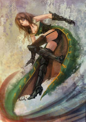 Rule 34 | 1girl, armor, blue eyes, boots, breasts, brown hair, castlevania (series), castlevania: lords of shadow, cleavage, corset, full body, garter straps, gauntlets, gender request, genderswap, gold trim, greaves, hideki, knee boots, long hair, looking at viewer, ralph c belmont, short shorts, shorts, skirt, solo, thighhighs