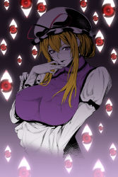 Rule 34 | 1girl, bad id, bad pixiv id, blonde hair, breast hold, breasts, finger to own chin, gloves, hat, huge breasts, large breasts, long hair, looking at viewer, naughty face, purple eyes, smile, solo, touhou, yakumo yukari, zucchini