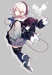 Rule 34 | 1girl, backpack, bag, black footwear, black thighhighs, boots, digital dissolve, floating, forever 7th capital, grey jacket, hands in pockets, headphones, jacket, long sleeves, looking at viewer, sapphire (nine), seraphim (forever 7th capital), short hair, solo, thighhighs, white eyes, white hair