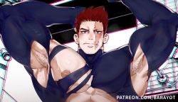 Rule 34 | 1boy, alternate pectoral size, armpit hair, armpits, bara, barayot, bare pectorals, beard, biceps, blue bodysuit, blue eyes, blush, bodysuit, boku no hero academia, closed mouth, endeavor (boku no hero academia), facial hair, highres, large pectorals, looking at viewer, male focus, mature male, muscular, muscular male, nipples, out-of-frame censoring, paid reward available, pectorals, red hair, paid reward available, scar, scar across eye, scar on face, short hair, sideburns, solo, spiked hair, stubble, sweatdrop, torn bodysuit, torn clothes, upper body