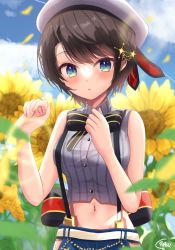 Rule 34 | 1girl, beret, black hair, blouse, blue eyes, blue sky, blush, breasts, commentary, day, flower, hat, hololive, large breasts, looking at viewer, navel, oozora halu, oozora subaru, oozora subaru (work), outdoors, parted lips, shirt, short hair, signature, sky, sleeveless, sleeveless shirt, solo, striped clothes, striped shirt, sunflower, suspenders, upper body, vertical-striped clothes, vertical-striped shirt, virtual youtuber