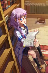 Rule 34 | 1girl, blunt bangs, book, braid, coat, cross, female focus, flat chest, glasses, hair ornament, hairclip, indoors, jewelry, kneehighs, ladder, library, long hair, lowres, necklace, purple hair, shoes, shorts, socks, solo, striped, sword girls