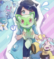 Rule 34 | 3girls, ;d, ?, anzu (v0 0v o0), aqua eyes, black hair, black shorts, blush, blush stickers, bow-shaped hair, character hair ornament, chibi, coat, commentary request, cowlick, creatures (company), eyelashes, flying sweatdrops, game freak, green coat, green hair, hair ornament, highres, holding, holding pokemon, iono (pokemon), jacket, liko (pokemon), long hair, long sleeves, looking at viewer, multiple girls, nidothing, nintendo, notice lines, one eye closed, open clothes, open coat, open mouth, pink hair, pokemon, pokemon (anime), pokemon (creature), pokemon horizons, quaxly, shorts, sleeves past fingers, sleeves past wrists, smile, spoken question mark, sprigatito, star (symbol), star print, teeth, tongue, upper teeth only, yellow jacket