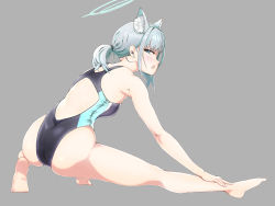 Rule 34 | 1girl, animal ear fluff, animal ears, ass, beach, black one-piece swimsuit, blue archive, blue eyes, breasts, commentary request, competition swimsuit, cross hair ornament, extra ears, from behind, full body, grey background, grey hair, hair ornament, halo, hapototo, highres, low ponytail, medium breasts, medium hair, multicolored clothes, multicolored swimsuit, one-piece swimsuit, profile, shiroko (blue archive), shiroko (swimsuit) (blue archive), simple background, solo, stretching, swimsuit