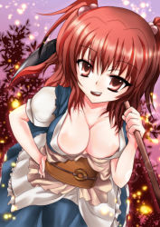 Rule 34 | 1girl, breasts, chikuwa coffee (milk soda), cleavage, colorized, female focus, hair bobbles, hair ornament, highres, kounosuke (embellir), large breasts, onozuka komachi, red eyes, red hair, scythe, solo, touhou, twintails, two side up