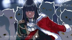 Rule 34 | 1girl, aiguillette, ascot, backlighting, blue eyes, blue hair, cat, closed mouth, commentary request, empty eyes, frown, fur-trimmed jacket, fur trim, green jacket, highres, jacket, jacket on shoulders, long hair, long sleeves, looking at viewer, military uniform, osakana (denpa yun&#039;yun), red jacket, red sash, sanpaku, sash, shoujo kageki revue starlight, shoulder boards, shoulder sash, solo, song name, stage lights, too many, too many cats, translation request, tsuyuzaki mahiru, two side up, uniform, upper body, white ascot