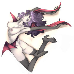 Rule 34 | 1girl, arched back, ass, bat wings, breasts, demon girl, full body, horns, large breasts, nipples, nishieda, nude, open mouth, original, purple eyes, purple hair, simple background, solo, thighhighs, twisted torso, wings