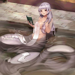 Rule 34 | 1girl, bath, bathing, blunt bangs, breasts, commission, covering privates, hair intakes, highres, indie virtual youtuber, kaiend, lamia, large breasts, long hair, monster girl, naked towel, nose piercing, nude cover, onsen, partially submerged, piercing, pointy ears, red eyes, scales, slit pupils, smile, snake, solo, steam, towel, very long hair, virtual youtuber, water, white hair