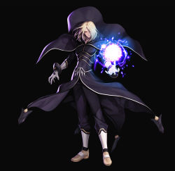 Rule 34 | 1boy, absurdres, bishounen, black background, black bodysuit, black cape, black pants, blonde hair, bodysuit, brown footwear, cape, closed mouth, collarbone, commentary request, covered navel, energy ball, evilgun, floating cape, floating hair, full body, gloves, hair between eyes, hair over one eye, highres, igniz (kof), long sleeves, looking at viewer, male focus, pants, red eyes, shoes, short hair, simple background, solo, standing, the king of fighters, toned, toned male, white gloves, wind