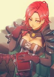 Rule 34 | 1girl, aduti momoyama, armor, breasts, cleavage, dark-skinned female, dark skin, fire emblem, fire emblem: three houses, fire emblem warriors: three hopes, from above, hapi (fire emblem), highres, large breasts, long hair, looking at viewer, medium hair, nintendo, official alternate costume, official alternate hairstyle, red hair, shoulder armor, solo
