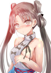 Rule 34 | 1girl, backless dress, backless outfit, bare shoulders, blush, body markings, breasts, brown eyes, brown hair, dress, fate/grand order, fate (series), grey dress, highres, iyo (fate), large breasts, long hair, looking at viewer, nipples, sen (astronomy), solo, very long hair