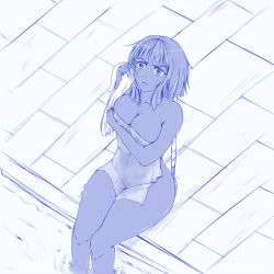 Rule 34 | 1girl, bleach, breast hold, breasts, closed mouth, collarbone, covering privates, drawing, from above, highres, hip focus, krmn-chan, looking up, medium breasts, monochrome, navel, see-through, short hair, simple background, sitting, sketch, solo, sui-feng, sweatdrop, towel, water, wet, wet towel, white towel