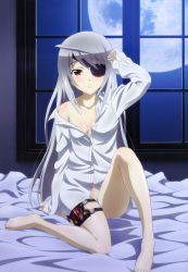 Rule 34 | 10s, 1girl, absurdres, arm up, bare shoulders, barefoot, bed, bed sheet, bottomless, breasts, cleavage, collarbone, dress shirt, eyepatch, feet, full moon, grey hair, highres, indoors, infinite stratos, laura bodewig, legs, long hair, long legs, looking at viewer, moon, naked shirt, night, night sky, nishizawa shin&#039;ya, no panties, off shoulder, official art, on bed, shirt, sitting, sky, small breasts, thigh strap, third-party edit, toes, window