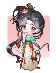 Rule 34 | 1girl, :o, absurdres, banbi, black eyes, black hair, chibi, chinese clothes, chinese hairpin, dipper, eya (athas), facial mark, forehead mark, full body, green shirt, hair bun, hair ornament, hand to own mouth, hand up, hanfu, high-waist skirt, highres, holding, holding spoon, jiu niangzi, layered sleeves, liquid, long hair, long skirt, long sleeves, looking at viewer, red background, red shawl, reverse:1999, shawl, shirt, short over long sleeves, short sleeves, single side bun, skirt, solo, spilling, spoon, standing, tassel, tassel hair ornament, two-tone background, yellow skirt