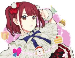 Rule 34 | 1girl, arrow through heart, blue ribbon, blunt bangs, bow, box, brown eyes, cake, capelet, christmas tree, commentary request, cosplay, emoji, food, frilled capelet, frilled skirt, frills, furihata ai, gift, gift box, hair bow, halo, hand up, hat, heart, kurosawa ruby, kurosawa ruby (cosplay), looking at viewer, love live!, love live! sunshine!!, neck ribbon, parted lips, plaid, plaid skirt, pom pom (cheerleading), red bow, red hair, ribbon, santa hat, shiitake (love live! sunshine!!), skirt, solo, strawberry shortcake, tassel, transparent background, two side up, voice actor connection, waste-man, wristband