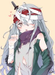 Rule 34 | 1girl, bandaged arm, bandaged head, bandages, blush, brown eyes, combat knife, commentary, g11 (girls&#039; frontline), girls&#039; frontline, grey hair, knife, knife in head, long hair, looking at viewer, object through head, parted lips, signature, simple background, solo, torn clothes, tosyeo, upper body, weapon