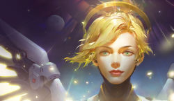 Rule 34 | 1girl, alternate eye color, armor, artist name, black gloves, blonde hair, blue eyes, bodysuit, breastplate, breasts, character name, closed mouth, cowboy shot, eyelashes, faulds, gloves, glowing, glowing wings, green eyes, hair ornament, hair tie, halo, headgear, highres, holding, holding staff, holding weapon, jinn avalon, light rays, light smile, lips, loincloth, long hair, long sleeves, looking at viewer, mechanical halo, mechanical wings, medium breasts, mercy (overwatch), nose, overwatch, overwatch 1, parted lips, pelvic curtain, pink lips, ponytail, portrait, realistic, solo, spread wings, staff, turtleneck, weapon, wing print, wings, yellow wings