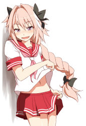 Rule 34 | 1boy, androgynous, astolfo (fate), astolfo (sailor paladin) (fate), black bow, blush, bow, braid, clothes lift, fang, fate/apocrypha, fate/grand order, fate (series), hair intakes, hair ribbon, highres, lolitan, looking at viewer, male focus, official alternate costume, open mouth, pink hair, red sailor collar, red skirt, ribbon, sailor collar, shirt lift, simple background, single braid, skirt, skirt lift, smile, solo, trap, white background