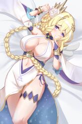 Rule 34 | 1girl, blonde hair, braid, breasts, cleavage, clothing cutout, craig (2980ct), detached sleeves, dress, finger to mouth, highres, large breasts, long hair, lying, lyrael (princess connect!), navel cutout, on back, panties, princess connect!, purple eyes, purple panties, solo, underwear, very long hair, white dress