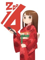 Rule 34 | 1girl, :o, blunt bangs, blush, brown eyes, brown hair, commentary request, controller, floral print, harau, holding, japanese clothes, kimono, long hair, long sleeves, looking at viewer, new year, obi, original, parted lips, red kimono, remote control, sash, simple background, solo, standing, upper body, white background