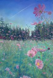 Rule 34 | flower, forest, grass, highres, nature, no humans, norako pastel, original, painting (medium), pine tree, pink flower, realistic, scenery, traditional media, tree