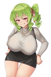 Rule 34 | 1girl, :p, ajidot, breasts, check commentary, commentary request, drill hair, erato (last origin), gluteal fold, green hair, hair ribbon, hands on own hips, highres, huge breasts, jewelry, korean commentary, last origin, long hair, looking at viewer, miniskirt, necklace, one side up, red eyes, ribbed sweater, ribbon, side ponytail, simple background, skirt, solo, sweater, thigh gap, tongue, tongue out, turtleneck, turtleneck sweater, white background