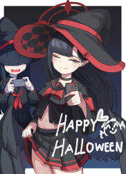 Rule 34 | 2girls, absurdres, black choker, black eyes, black headwear, black serafuku, black shirt, black skirt, black wings, blue archive, blunt bangs, blush, breasts, cellphone, choker, clothes lift, hair over eyes, happy halloween, hat, highres, holding, holding phone, ichika (blue archive), justice task force member (blue archive), lifted by self, long hair, looking at viewer, low wings, multiple girls, navel, one eye closed, phone, school uniform, serafuku, shirt, skirt, skirt lift, small breasts, smartphone, smile, wavy mouth, wings, witch hat, yogert chip
